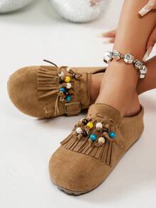 秋冬新款女士厚底鞋，牛津鞋款式，坡跟厚底，休闲套脚鞋，包头设计，流苏串珠装饰，舒适百搭，适合户外旅行、休闲场合及室内穿着，时尚鞋履 - 棕色 - 查看 3