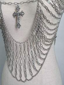 1 件朋克风格金属性感流苏多层胸链项链细肩带上衣，深 V 领修身，适合夜店、音乐节、舞台表演 - 銀色 - 查看 9