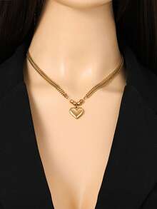 1件装多层金色心形吊坠项链，女士不锈钢项链，适合日常佩戴，礼品 - 金黃色 - 查看 2