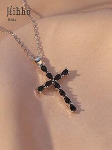 Hihho 1 件黑色不锈钢十字架项链，时尚唇链十字架吊坠首饰 - 十字 - 查看 2