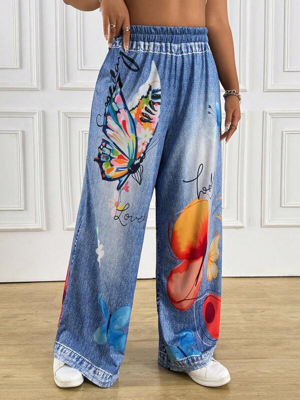 Women's Casual Denim Effect Print Pocket Straight Leg Pants, Suitable For All Seasons, Abstract Watercolor Butterfly Pattern