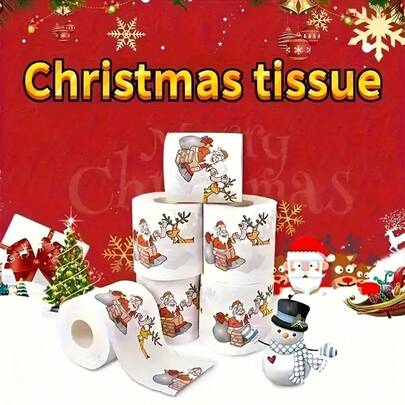 3.94" X 3.94" Santa Claus & Reindeer Printed Toilet Paper Rolls, Suitable For Christmas & New Year Home Decor, Party Supplies, Feather-Free Holiday Tissue Paper