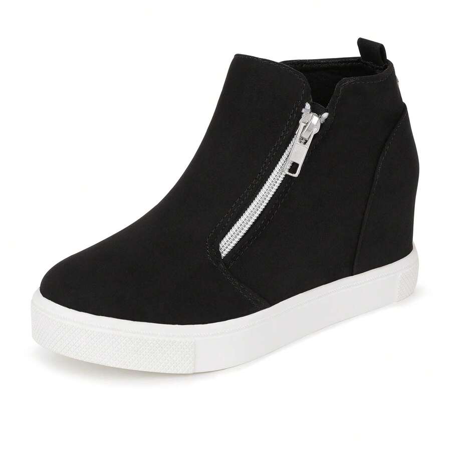 Girls' Black Suede High-Top Wedge Platform Sneakers - Minimalist Solid Color, Outdoor-Ready Comfort For Little Kids - màu đen - Xem 1
