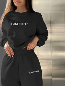 Conjunto de ropa deportiva casual para mujeres primavera/otoño, poliéster 100% con diseño de alfabeto bordado, cuello redondo con hombros caídos, tejido de punto, estiramiento medio, conjunto de sudadera y pantalones sueltos - Negro - Ver 4