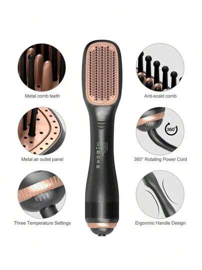 三合一热风梳，集直发器和吹风梳于一体，密齿设计，双电压加热直发梳，专为女性设计，适合浓密卷发，居家使用理想之选，亦可作为礼物馈赠。