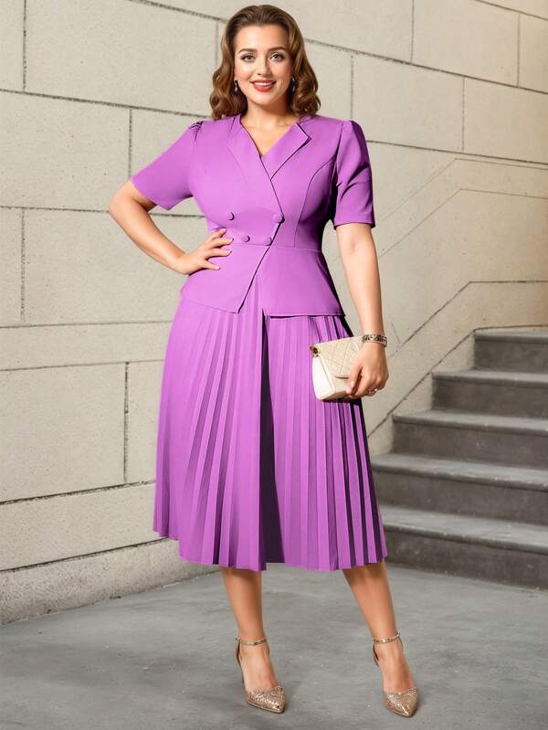 AOMEI Vestido de blazer con cuello de solapa y doble botonadura, con volante, para negocios y fiestas, elegante, con mangas 3/4 y falda plisada midi para mujeres