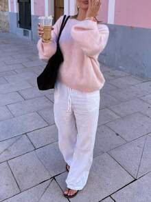 Senya 女士新款休闲纯色宽松露肩长袖毛衣，浪漫粉色，超大针织上衣