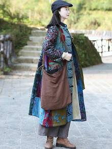 LUZU JUNU Women's Trench Coat Floral Print Long Cotton Linen Jacke Cottagecore Clothing Patchwork Outwear Bohemian Unique - 藍色毛絨襯裡 - 查看 7