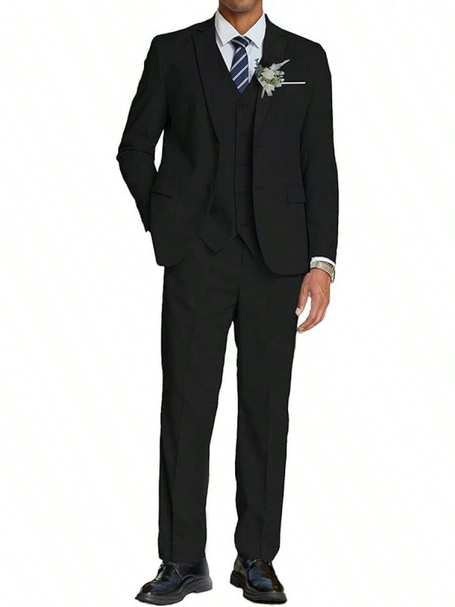 Men's 3 Piece Linen Suits Casual Lightweight Blazer Jackets Vest Pants Set For Wedding Business Promhalloween - Black - View 1