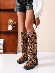 Fancy High Boots With Notched Sole And Pleated Upper - Leopard - View 3