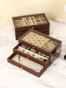 3-Tier Luxury Black Walnut Wood Jewelry Box, Drawer Style Jewelry Storage Case With Transparent Acrylic Display, Classic Design - Multicolor - View 2