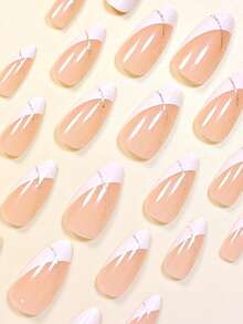 24 片亮面杏仁形指甲，白色法式边缘和金色条纹设计，优雅精致的假指甲贴片，带锉条，适合女士和女孩，果冻凝胶，随机发货，按压式指甲，美甲用品，指甲 - 彩色 - 查看 4