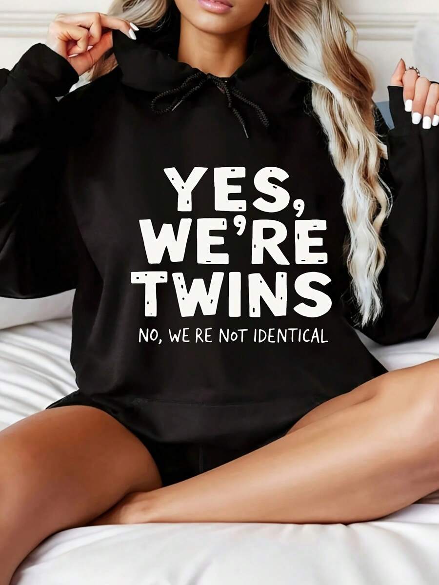 Funny Women's Round Neck T-Shirt Women's Yes We're Twins No We're Not Identical Graphic Hoodie - Black Casual Loose Fit Pullover Sweatshirt With Long Sleeves, Machine Washable Autumn Winter Fashio - Đen 16 - Xem 1