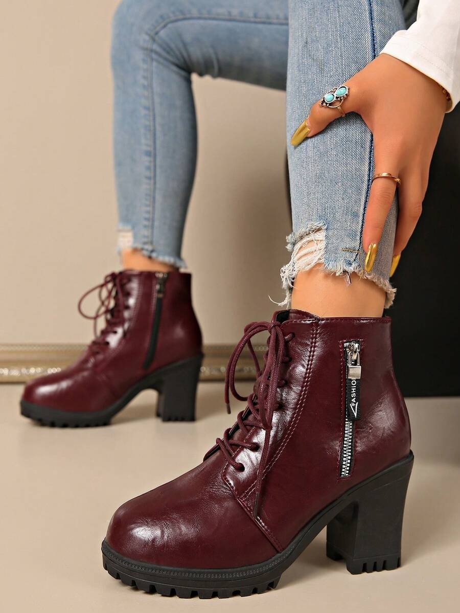 2025 New Women's Boots High Heel Thick Sole Waterproof Platform Ankle Boots, Chunky Heel, British Style, Wine Red, Autumn/Winter