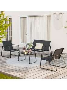 4 Pieces Patio Furniture Set, Outdoor Bistro Hospitality Table And Chair Set, Patio Table And Chair Set ,4 Piece Patio Furniture Set, Outdoor Patio Furniture With Loveseat And 2 Single Chairs, Bistro Table And Chairs Set For Backyard, Balcony - 黑色 - 查看 9