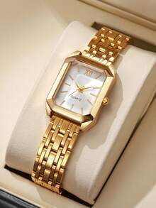 1pc Women's Fashion Square Roman Numeral Dial Quartz Wrist Watch, Classic & Elegant - Gold - View 7