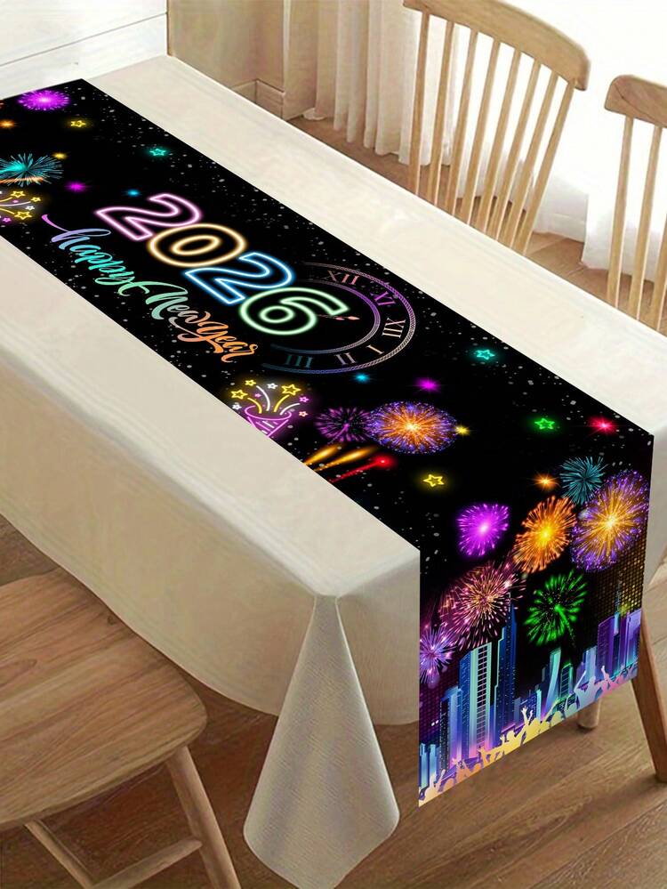 1pc Happy New Year 2026 Table Runner, Black Gold Glitter Diamond Clock Balloon New Year Celebration Kitchen Dining Table Decor, Colorful Fireworks Happy New Year Party Tablecloth Supplies, Indoor Outdoor Home Party Decor, Happy New Year 2026 Decoration - Multicolor - View 9