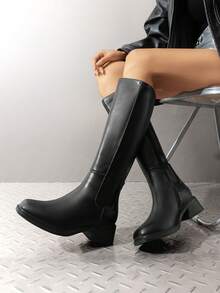 Women's Knee High Boots Square Toe Low Block Heel Side Zipper Solid Color Casual Comfort Riding Long Boots For Outfits Autumn/Winter - Black - View 1