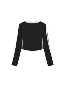 修身 V 领美式字母印花性感棉质长袖 T 恤上衣，春秋季