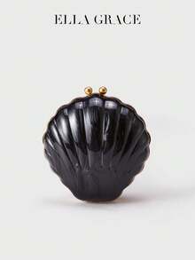 ELLA GRACE - 贝壳形亚克力手拿包，配复古球形扣和可拆卸金色链条肩带，优雅晚宴包，适合女士、婚礼和宴会 - 黑色 - 查看 1