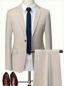 Men's Suits, Men's Business Casual Style, Including Solid-Color Suit Jackets And Trousers. Elegant Men's Suits, Suitable For Work Commuting, Casual Occasions, Weddings, Dances, And Business Venues. - 米色 - 查看 3