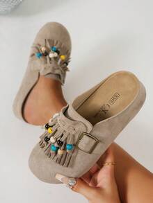 女士新款厚底鞋，牛津鞋款式，厚底高跟，休闲套脚鞋，包头设计，流苏串珠装饰，舒适百搭，适合户外旅行、休闲场合和居家穿着。 - 卡其色 - 查看 4