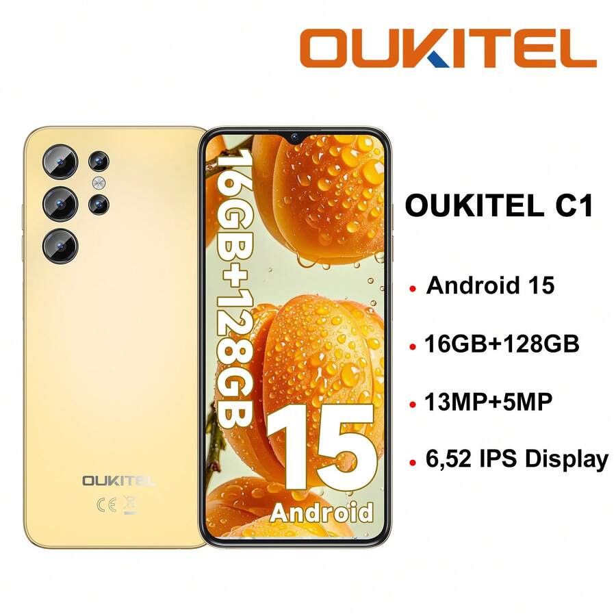 OUKITEL C1 Unlocked Smartphone, 6.52" HD+ Display, 16(4+12)GB+128GB, Android 15 Dual SIM 4G Phone, 13MP+5MP Camera, 5150mAh Battery, Fingerprint Unlock, OTG/GPS (Charger Not Included) - Gold - View 1