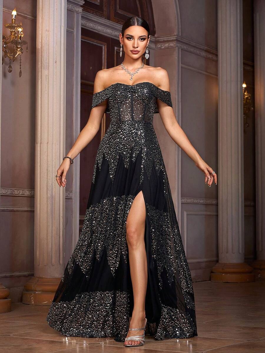 Women's Elegant High Slit Solid Color Woven Fabric Dress