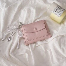 银色裂纹皮革仿珍珠吊坠短款钱包简约双折拉链开合多卡位皮革钱包女士钱包迷你钱包钱包秋季小钱包可爱钱包秋季腕带钱包 - 彩色 - 查看 11