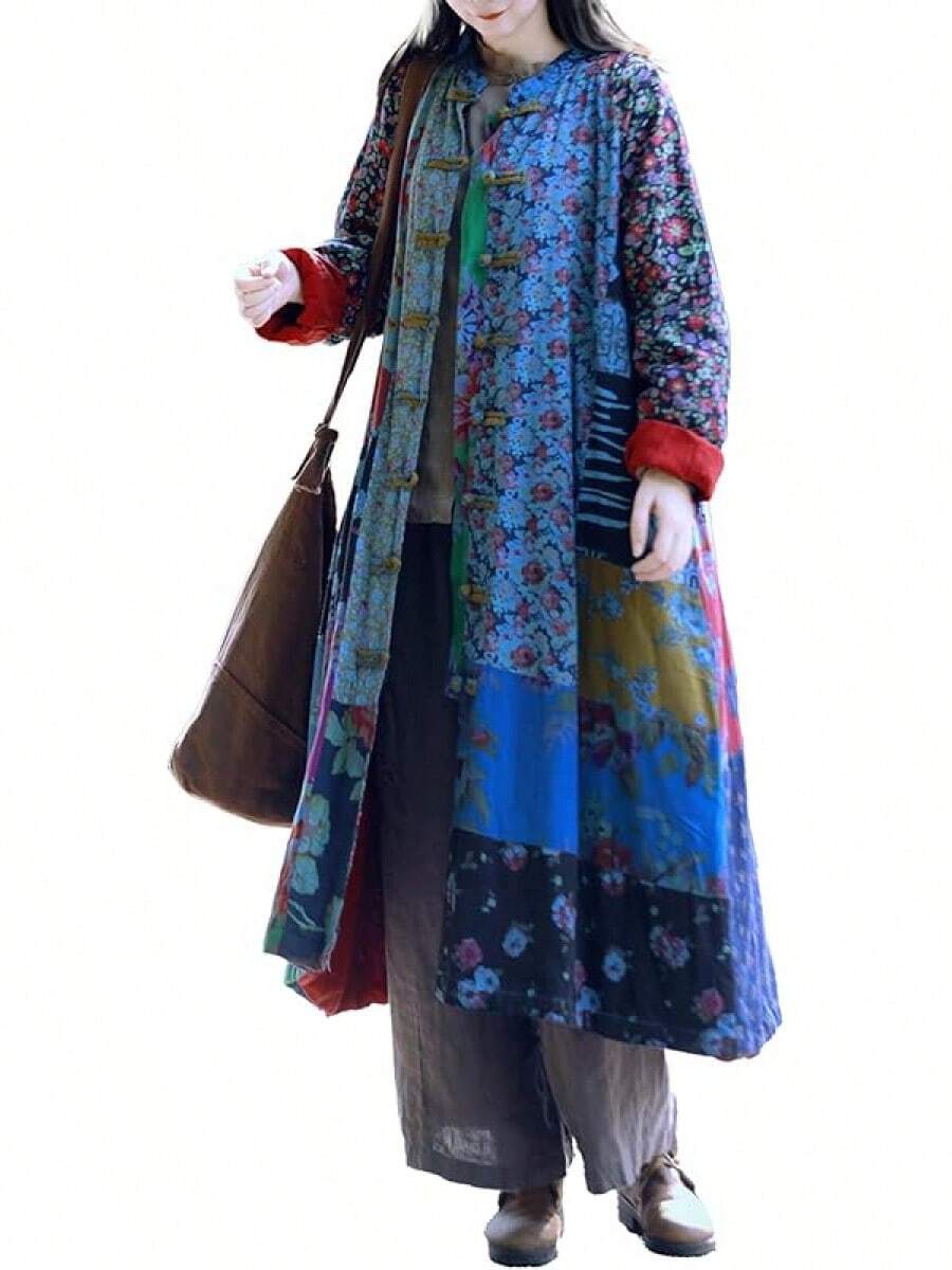 LUZU JUNU Women's Trench Coat Floral Print Long Cotton Linen Jacke Cottagecore Clothing Patchwork Outwear Bohemian Unique - 藍色 - 查看 1