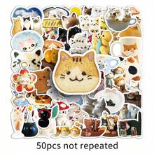 1 Pack Of 50 Kitten INS Wind Stickers Cute Creative Animal Waterproof Hand Account Material Computer Teacup Small Mochi Stickers Halloween School Season Label Process Stickers