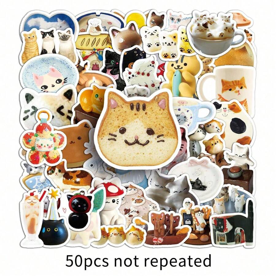 1 Pack Of 50 Kitten INS Wind Stickers Cute Creative Animal Waterproof Hand Account Material Computer Teacup Small Mochi Stickers Halloween School Season Label Process Stickers