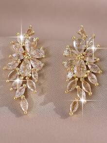 1pair Luxury Flower Cubic Dangle Earrings For Women Bridal Wedding Jewelry Gift For Female Girlfriend Valentine's Day Accessories - Golden - View 1