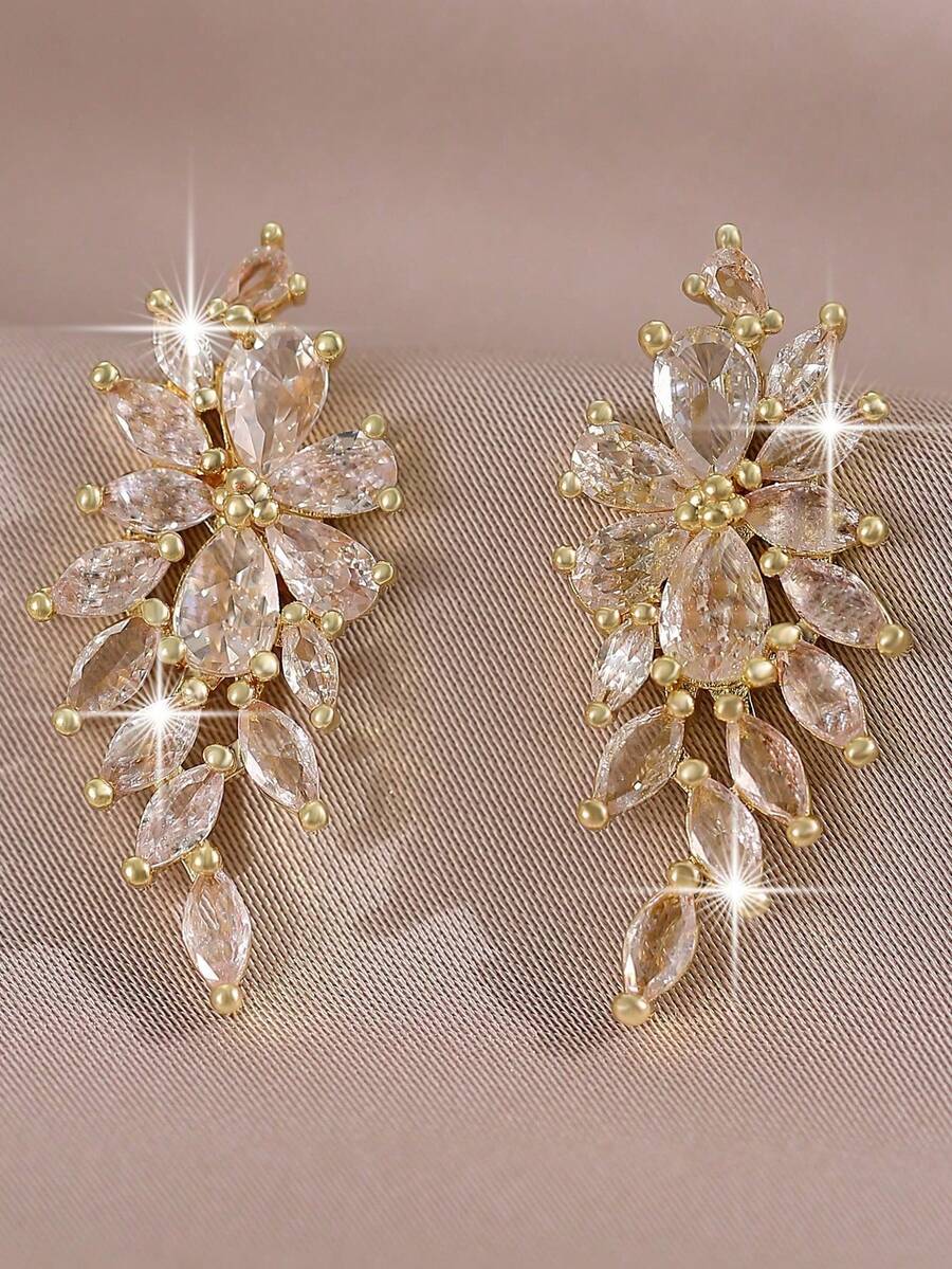 1pair Luxury Flower Cubic Dangle Earrings For Women Bridal Wedding Jewelry Gift For Female Girlfriend Valentine's Day Accessories - Golden - View 1