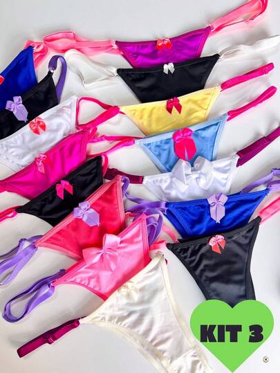Kit de 3 peças de tanga de feminino sexy com detalhes em laço, para uso diário, com regulador na lateral fina