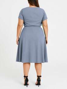 Women's Plus Size Linen Set, Basic Blouse And Midi Skirt, Social Evangelical Fashion, Cargo Pocket With Buttons And Bow - 淺藍色 - 查看 4
