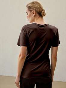 Camiseta basica playera mujer dama cuello v cuello en pico manga corta algodón comoda fresca lisa suave - Marrón Chocolate - Ver 2