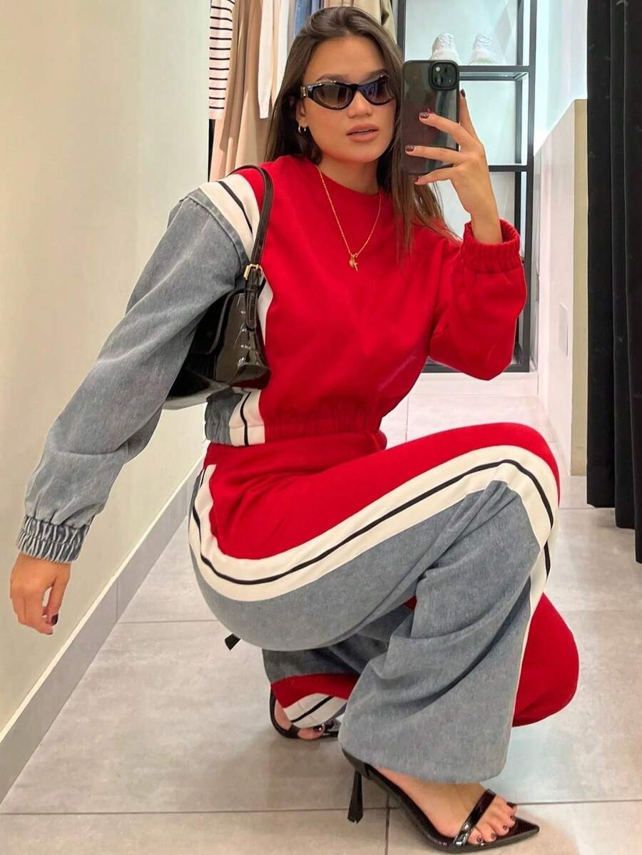 Valentine's Day, Date Night Outfit, Gifts For Her Magic Mia Women's Denim Patchwork Co-Ord Set - Matching Jeans Set With Color Block Design | Long Sleeve Tracksuit & Contrast Stitching For Streetwear Athleisure Fall And Winter - Đỏ - Xem 1