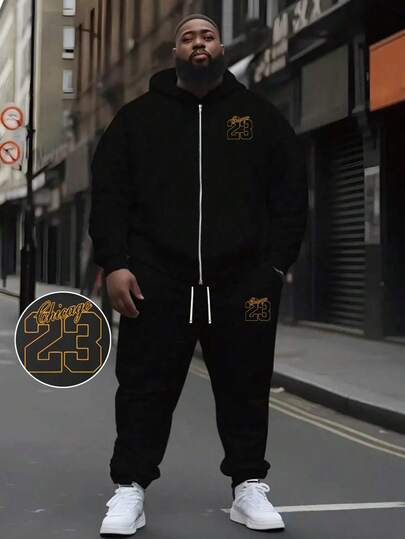 Plus Size Men's 23 Number & Letter Print Casual Hoodie Sweatshirt + Sweatpants 2 Pieces Set, Fall Clothes Winter