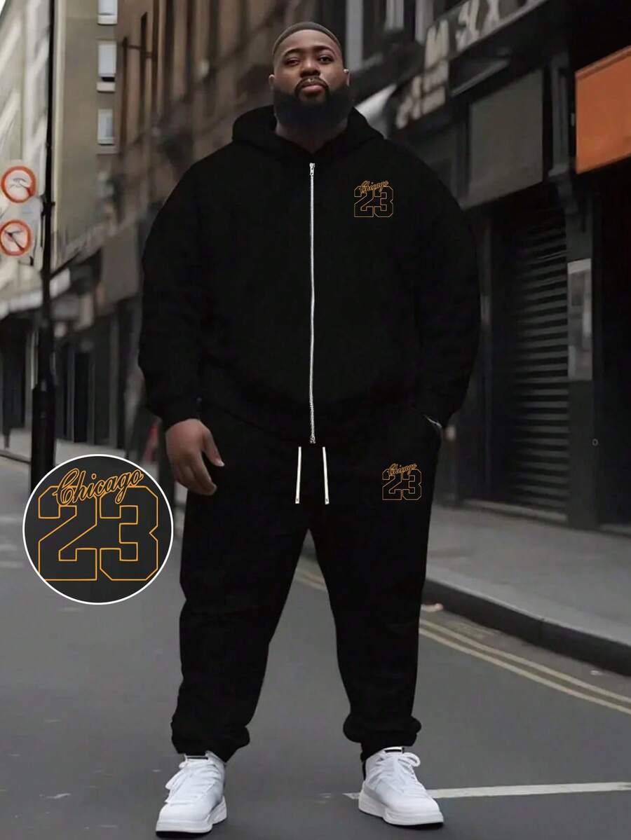 Conjunto de 2 piezas de sudadera con capucha casual y pantalón de chándal con estampado de número 23 y letras, ropa de otoño e invierno para hombres de talla grande