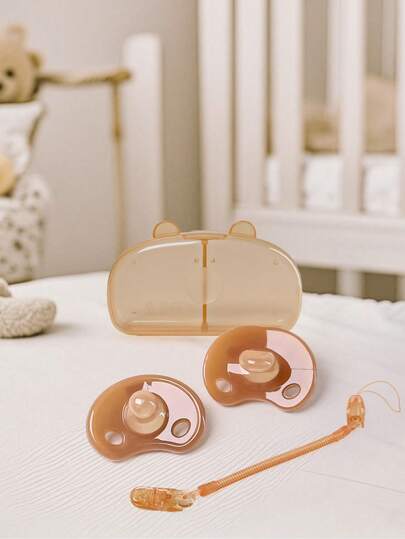 KUNT 3pcs Baby Pacifiers, Soft Silicone Nipple, Day & Night Use, Breastfeeding Simulation, Flat & Round Tip, Teething, With Small Bear Storage Box, Dust-Proof
