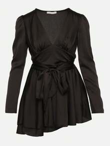 Vestido mini de satén con escote profundo y lazo en la espalda - Negro - Ver 6