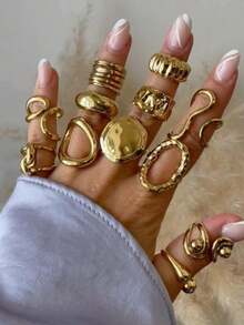 15/10Pcs Punk Smooth Geometric Open Rings Set For Women Exaggerated Asymmetrical Silver Color Thick Chunky Ring Hip Hop Jewelry Gifts