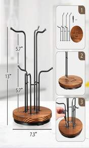 HULISEN 360° Rotating Mug Tree For Large Cups, Counter Coffee Mug Holder With 6 Hooks, Metal Coffee Cup Rack Stand For Countertop With Stable Wooden Base, Kitchen Counter Decor