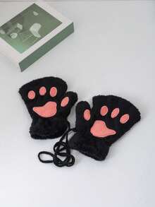 1双装-可爱卡通猫爪漏指手套-秋冬保暖防寒毛绒半指手套-加厚加绒-学生写字漏指 - 彩色 - 查看 4