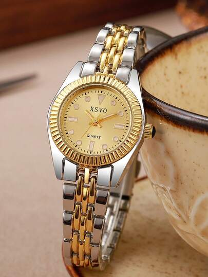 1 件女士优雅简约条形刻度圆形表盘竹节钢带石英表，适合生日礼物、圣诞礼物，