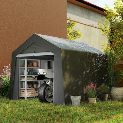  Outsunny 3 X 3(M) Garden Storage Tent, Portable Shed With Heavy Duty Galvanised Steel Frame, Ventilation Window, Roll-Up Zipper Door, For Bike, Motorbike, Garden Tools, Dark Grey