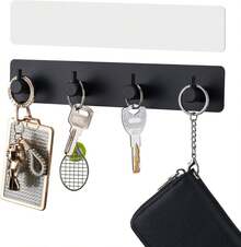 Holder With 4 Hooks,Hanger Organizer Wall Mount With 2 Self-Adhesive Tapes,Metal Rack Entryway, Door, Bathroom, Kitchen(Black) - Black - View 1