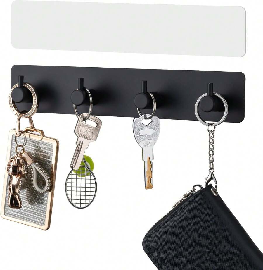 Holder With 4 Hooks,Hanger Organizer Wall Mount With 2 Self-Adhesive Tapes,Metal Rack Entryway, Door, Bathroom, Kitchen(Black) - Black - View 1