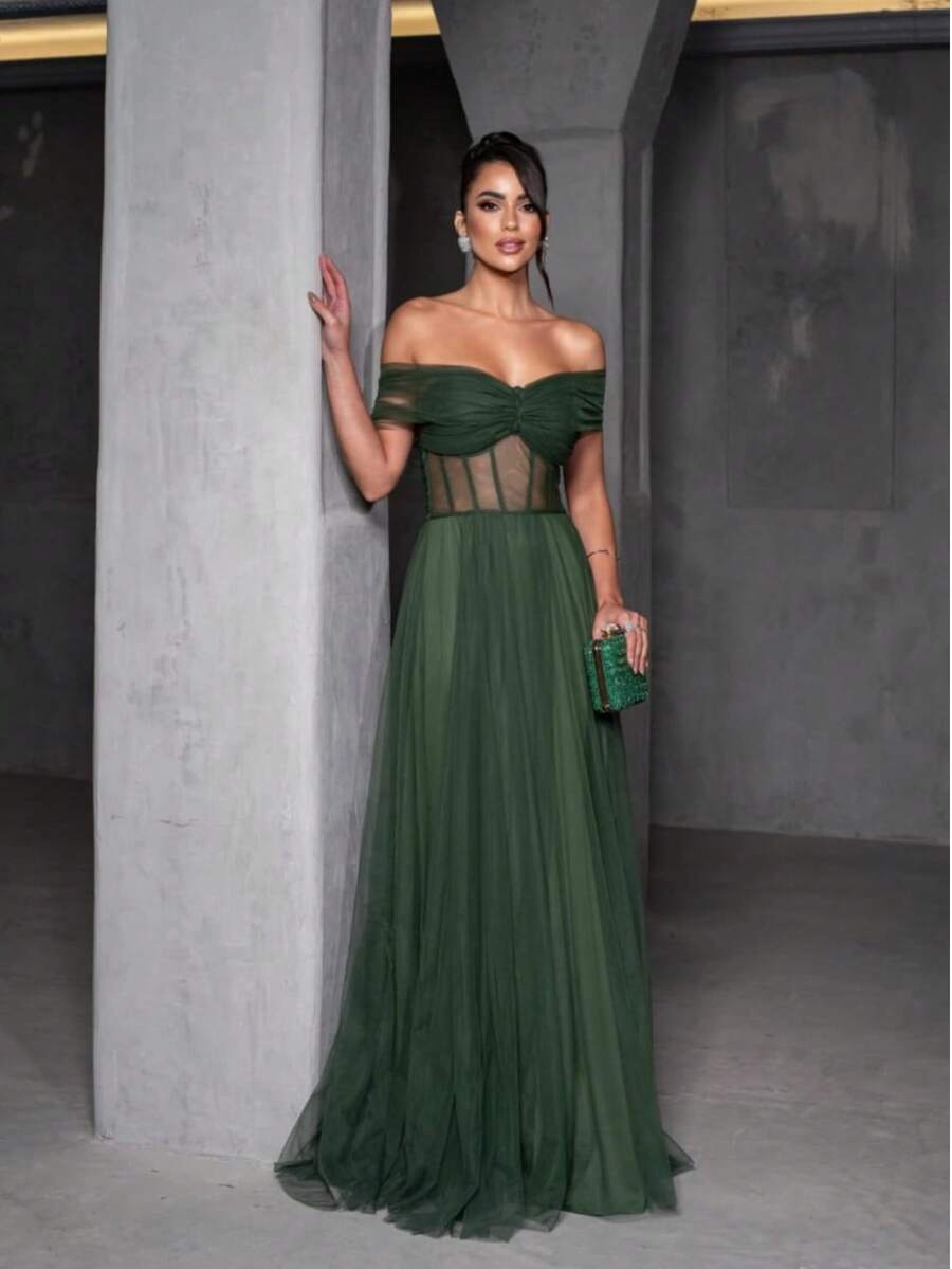 Long Tulle Party Dress With Built-In Bra Cups, Off-The-Shoulder Design, Sheer Details, And Side Slit. - xanh quân đội - Xem 1